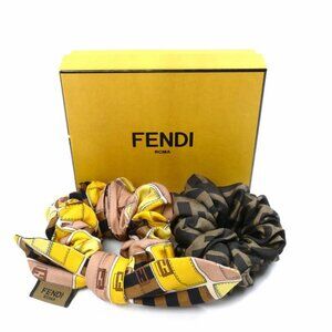 NWT Fendi Silk Zucca Ribbon Motif Hair Scrunchies Brown Yellow